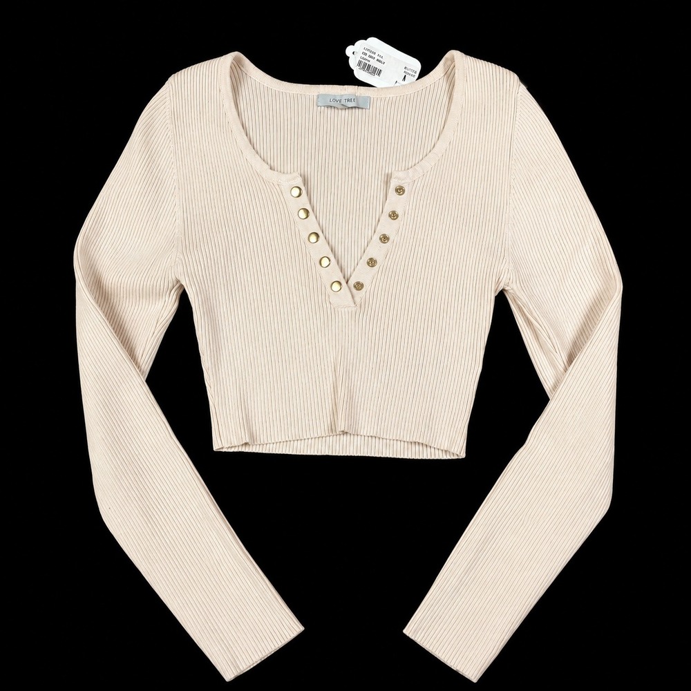 Love Tree Y2K Ribbed Henley Crop Top Womens L Beige‎ Coquette Long Sleeve NWT